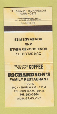 Matchbook Cover - Richardson's Family Restaurant Ailsa Graig ON 30 Strike