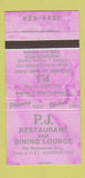 Matchbook Cover - PJ Restaurant Arnprior ON PURPLE 30 Strike