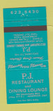 Matchbook Cover - PJ Restaurant Arnprior ON TEAL 30 Strike
