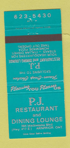 Matchbook Cover - PJ Restaurant Arnprior ON TEAL 30 Strike