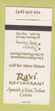 Matchbook Cover - Ravi Restaurnt Spanish Indian Toronto ON 30 Strike