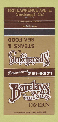 Matchbook Cover - Barclay's Steak Seafood Tavern Scarborough ON 30 Strike