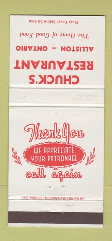 Matchbook Cover - Chuck's Restaurant Alliston ON 30 Strike