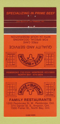 Matchbook Cover Beef n Brand Restaurant North Bay Arnprior Pembroke ON 30 Strike