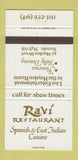 Matchbook Cover - Ravi Restaurnt Spanish Indian Toronto ON 30 Strike