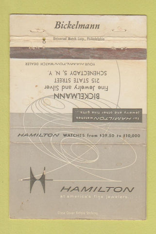 Matchbook Cover - Hamilton Watches Bickelmann Schenectady NY WORN 40 Strike