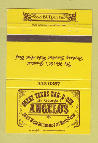 Matchbook Cover - Angelo's Texas BBQ Fort Worth TX Budweiser Beer 40 Strike