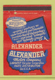 Matchbook Cover - Alexander Motor Chrysler Parts MOPAR Dallas TX 40 Strike