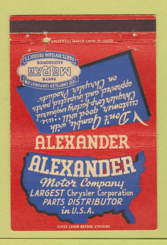Matchbook Cover - Alexander Motor Chrysler Parts MOPAR Dallas TX 40 Strike