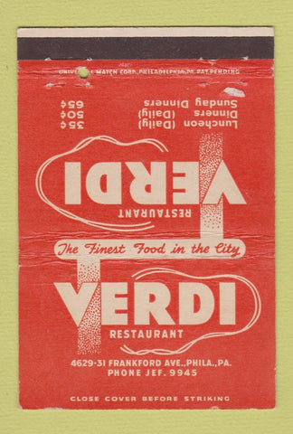 Matchbook Cover - Verdi Restaurant Philadelphia PA 40 Strike