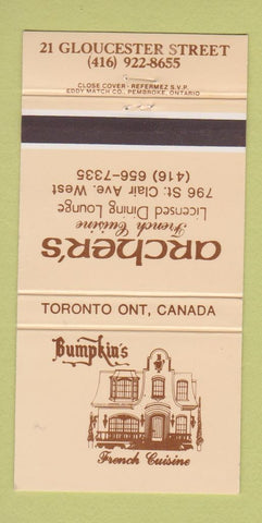 Matchbook Cover - Archer's French Restaurant Toronto ON 30 Strike