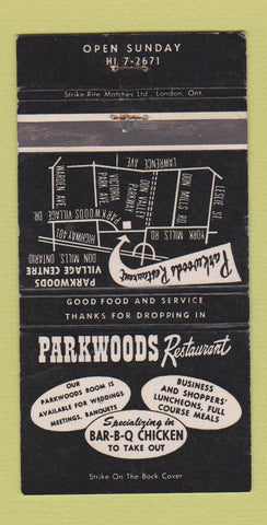Matchbook Cover - Parkwoods Restaurant BBQ Don Mills ON WEAR 30 Strike
