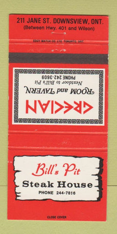 Matchbook Cover - Bill's Pit Steak House Downsview ON 30 Strike