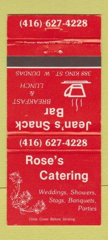 Matchbook Cover - Rose's Catering Jean's Snack Bar Dundas ON 30 Strike
