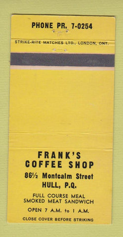 Matchbook Cover - Frank's Coffee Shop Hull QC 30 Strike