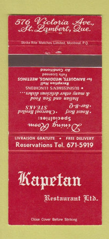 Matchbook Cover - Kapetan Restaurant St Lambert QC 30 Strike