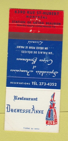 Matchbook Cover - Restaurant Duchesse Anne Montreal QC girlie 30 Strike