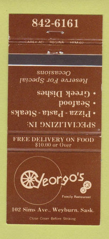 Matchbook Cover - Yeorgo's Restaurant Weyburn SK pizza Greek 30 Strike