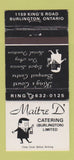 Matchbook Cover - Maitre D Catering Burlington ON 30 Strike