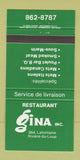 Matchbook Cover - Gina Restaurant Riviere du Loup QC 30 Strike