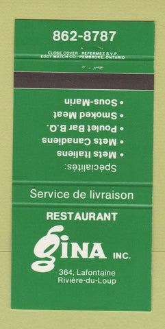Matchbook Cover - Gina Restaurant Riviere du Loup QC 30 Strike