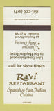 Matchbook Cover - Ravi Restaurant Spanish East Indian Toronto ON 30 Strike