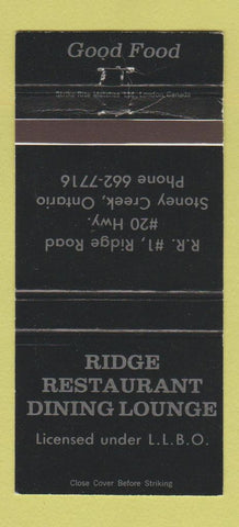 Matchbook Cover - Ridge Restaurant Stoney Creek ON 30 Strike