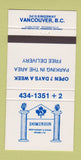 Matchbook Cover - Dominion Restaurant Steak Vancouver BC 30 Strike