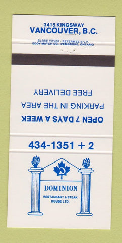 Matchbook Cover - Dominion Restaurant Steak Vancouver BC 30 Strike