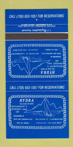 Matchbook Cover - Hydra Restaurant Cambellford ON 30 Strike