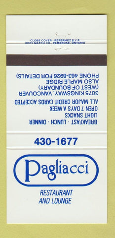 Matchbook Cover - Pagliacci Restaurant Vancouver BC 30 Strike