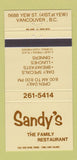 Matchbook Cover - Sandy's Restaurant Vancouver BC 30 Strike