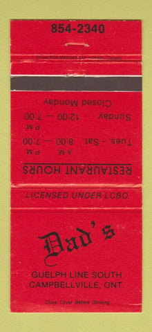 Matchbook Cover - Dad's Restaurant Campbellville ON 30 Strike