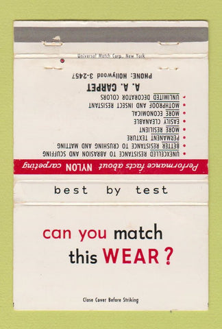 Matchbook Cover - AA Carpet Nylon Rayon New York City 40 Strike