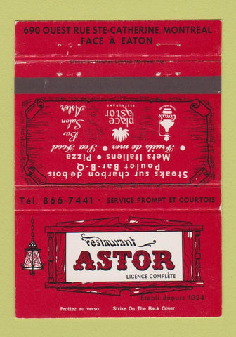 Matchbook Cover - Restaurant Astor Montreal QC 40 Strike