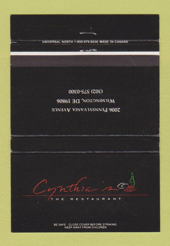 Matchbook Cover - Cynthia's Restaurant Wilmington DE 40 Strike