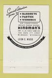 Matchbook Cover - Hindman's Restaurant Milwaukee WI 40 Strike