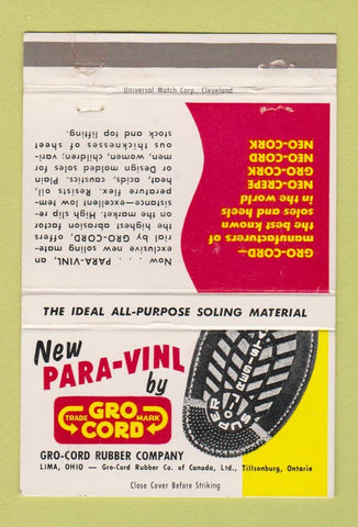 Matchbook Cover - Gro Cord Rubber Tillsonburg ON Lima OH soles 40 Strike