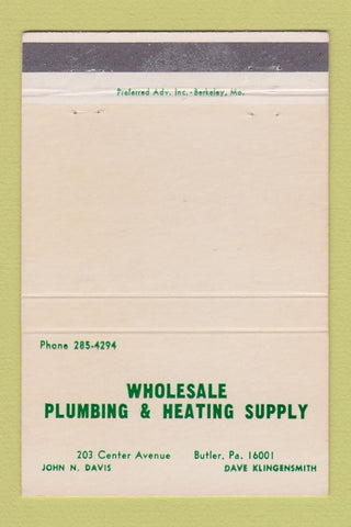 Matchbook Cover - Wholesale Plumbing Heating Butler PA 40 Strike
