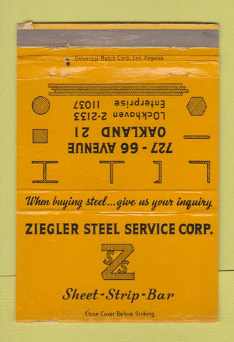 Matchbook Cover Ziegeler Steel Service Sheet Strip Bar Oakland CA WEAR 40 Strike