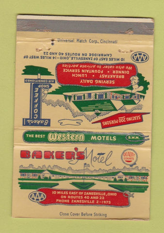 Matchbook Cover - Baker's Motel Cambridge Zanesville ON WORN 40 Strike