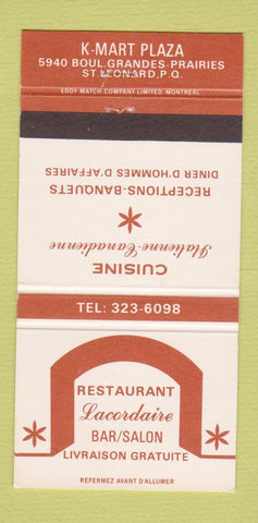 Matchbook Cover - Restaurant Lacordaire St Leonard QC 30 Strike