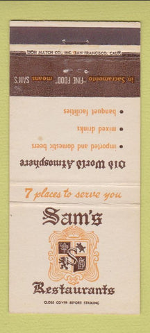 Matchbook Cover - Sam's Restaurants San Francisco CA Sacramento  30 Strike