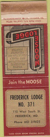 Matchbook Cover - Matchbook Cover Moose Lodge Frederick MD WORN