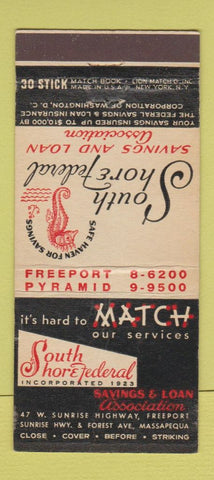 Matchbook Cover - South Shore Federal Savings Massapequa WORN 30 Stick