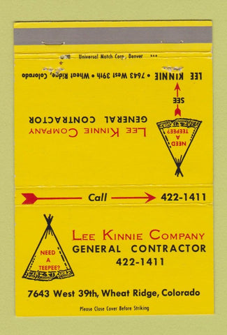 Matchbook Cover - Lee Kinnie Contractor Wheat Ridge Colorado 40 Strike