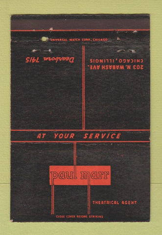 Matchbook Cover - Paul Marr Theatrical Agent Chicago IL 40 Strike