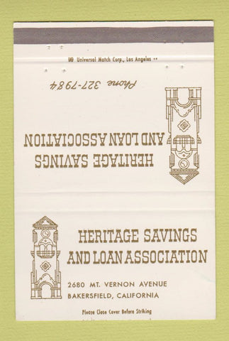 Matchbook Cover - Heritage Savings and Loan Bakersfield CA 40 Strike