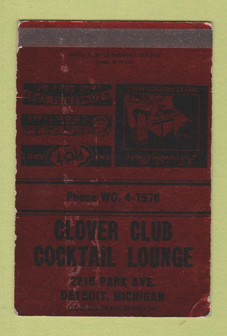 Matchbook Cover - Clover Club Cocktail Lounge Detroit MI WEAR SAMPLE 40 Strike