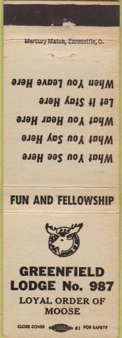 Matchbook Cover - Matchbook Cover Moose Lodge Greenfield IN WORN
